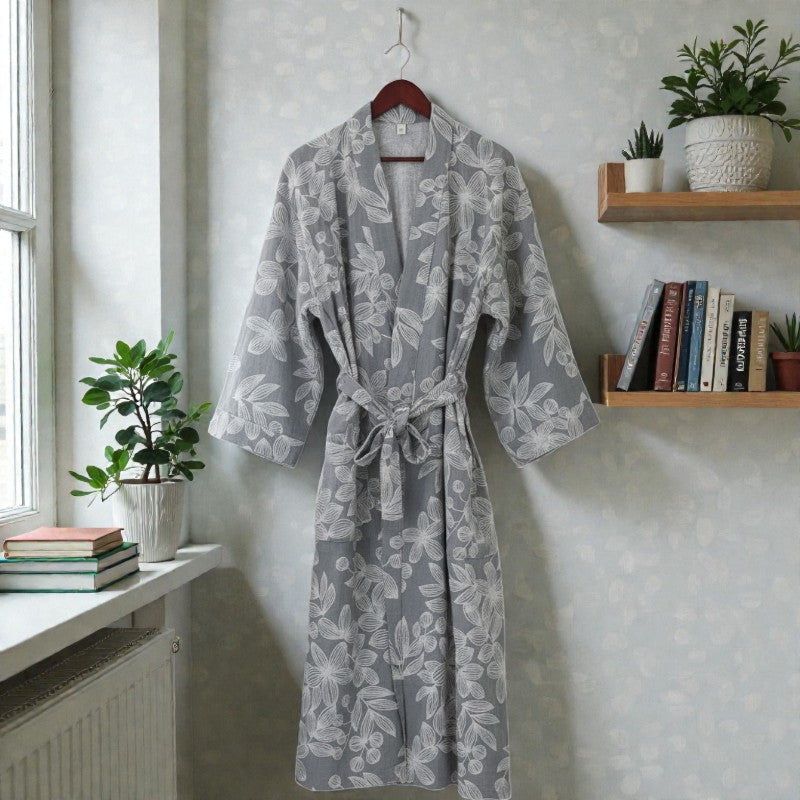 Peignoir femme coton floral gris