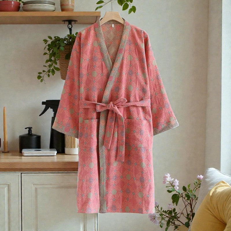 Peignoir femme coton rose à motifs