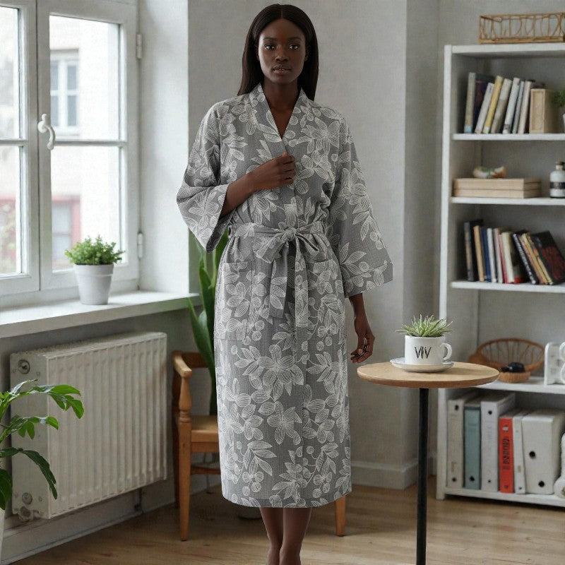 Peignoir femme coton floral gris