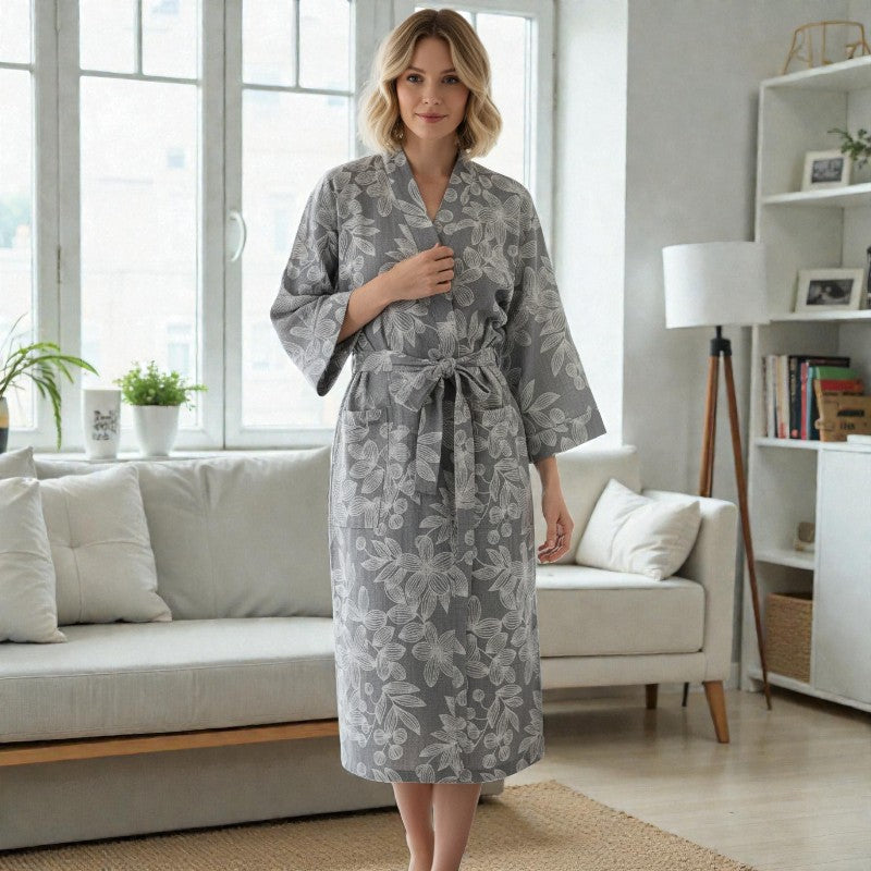 Peignoir femme coton floral gris