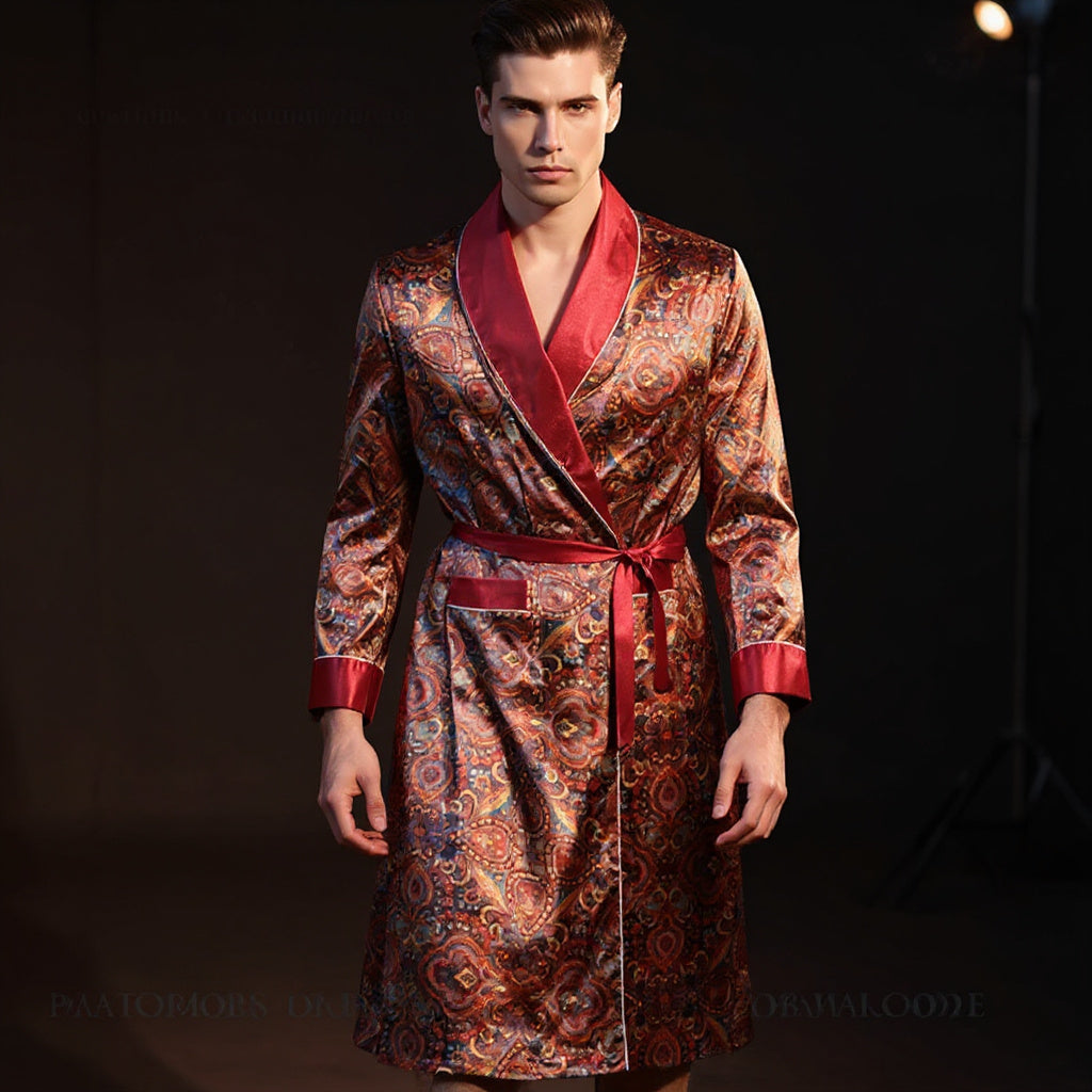 Peignoir Homme en Satin Rouge | Motifs