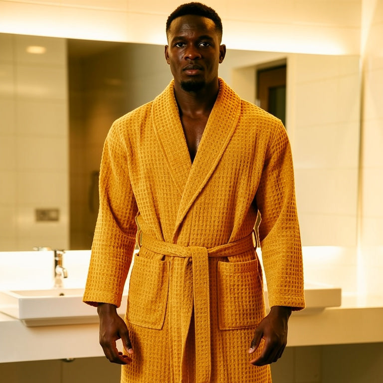 Peignoir homme nid d'abeille jaune moutarde