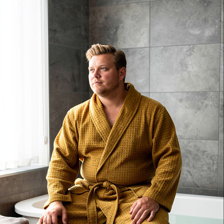 Peignoir homme nid d'abeille jaune moutarde