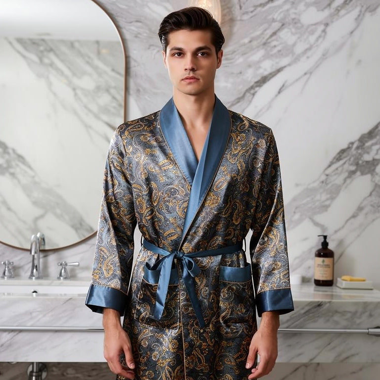 Peignoir Homme Doré et Bleu | Satin
