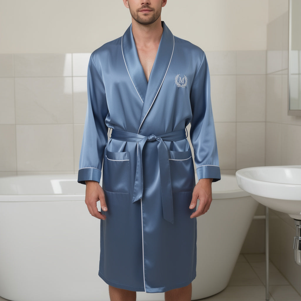 Peignoir Homme Satin Bleu Acier | Longue
