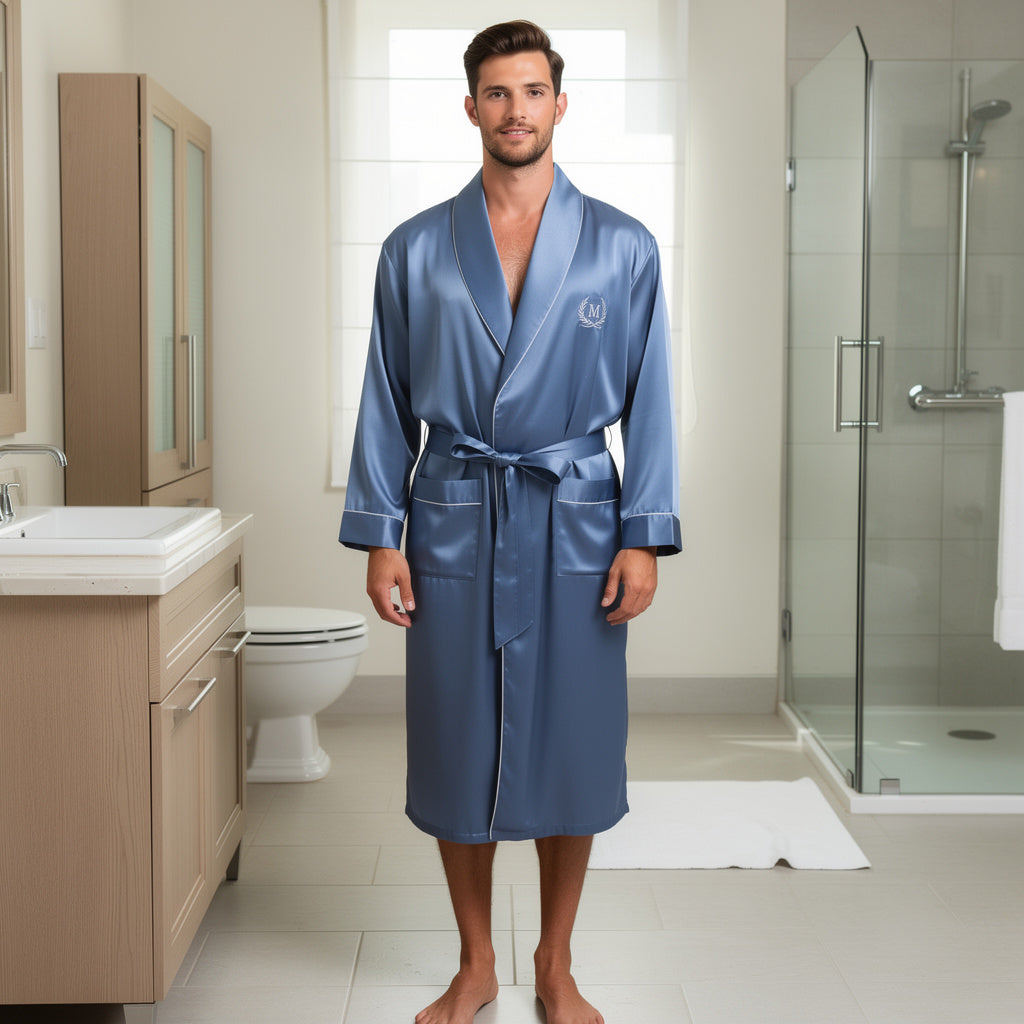 Peignoir Homme Satin Bleu Acier | Longue