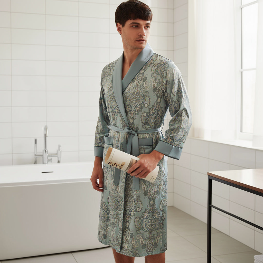 Peignoir Homme Satin Bleu Motifs | Cachemire