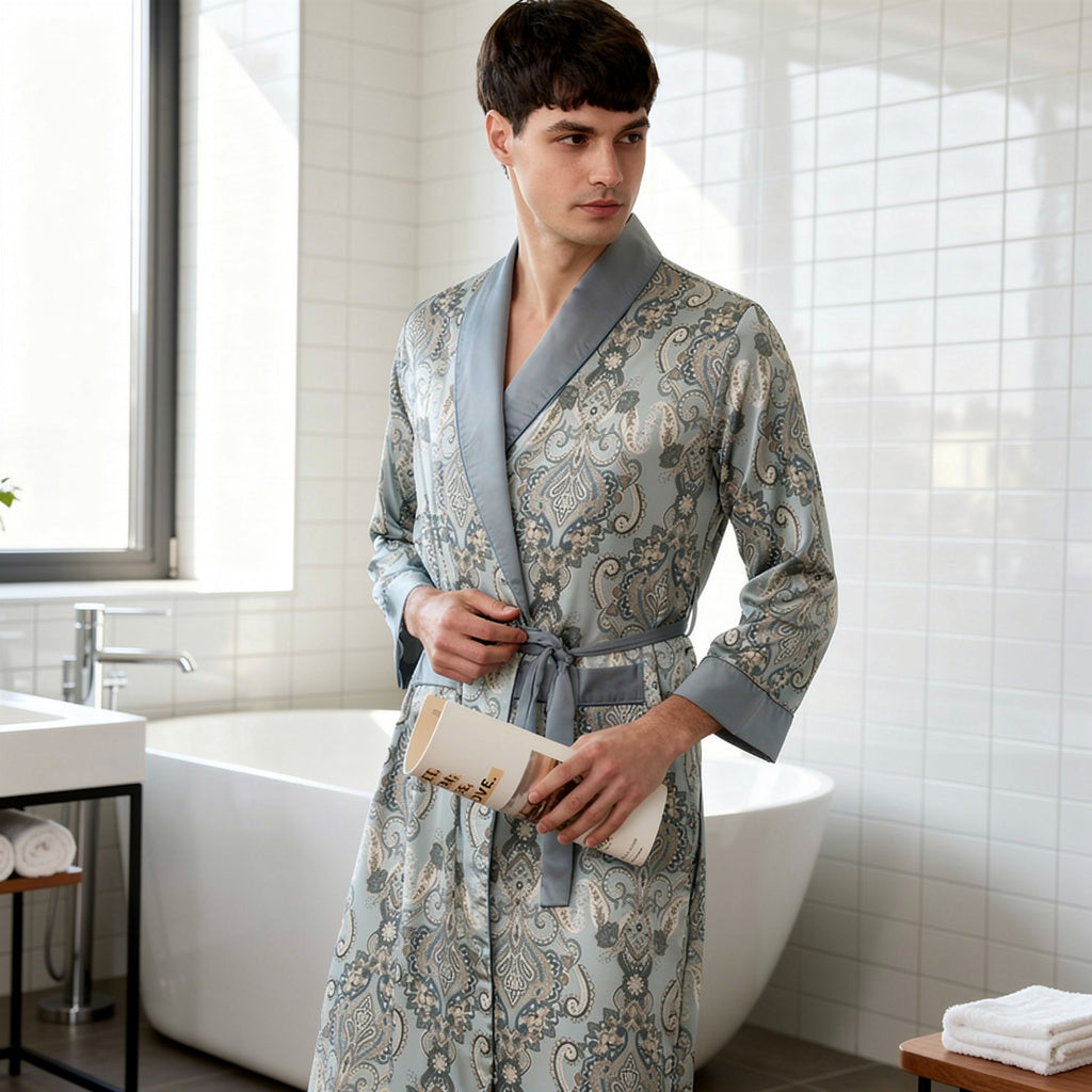 Peignoir Homme Satin Bleu Motifs | Cachemire