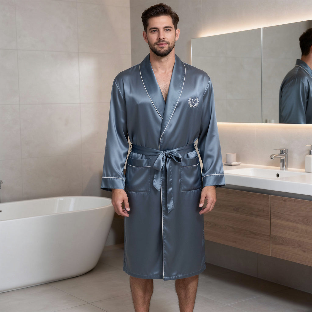 Peignoir Homme Satin Bleu Acier | Longue