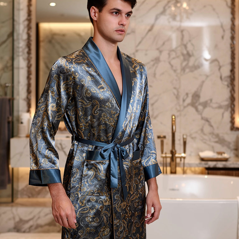 Peignoir Homme Doré et Bleu | Satin