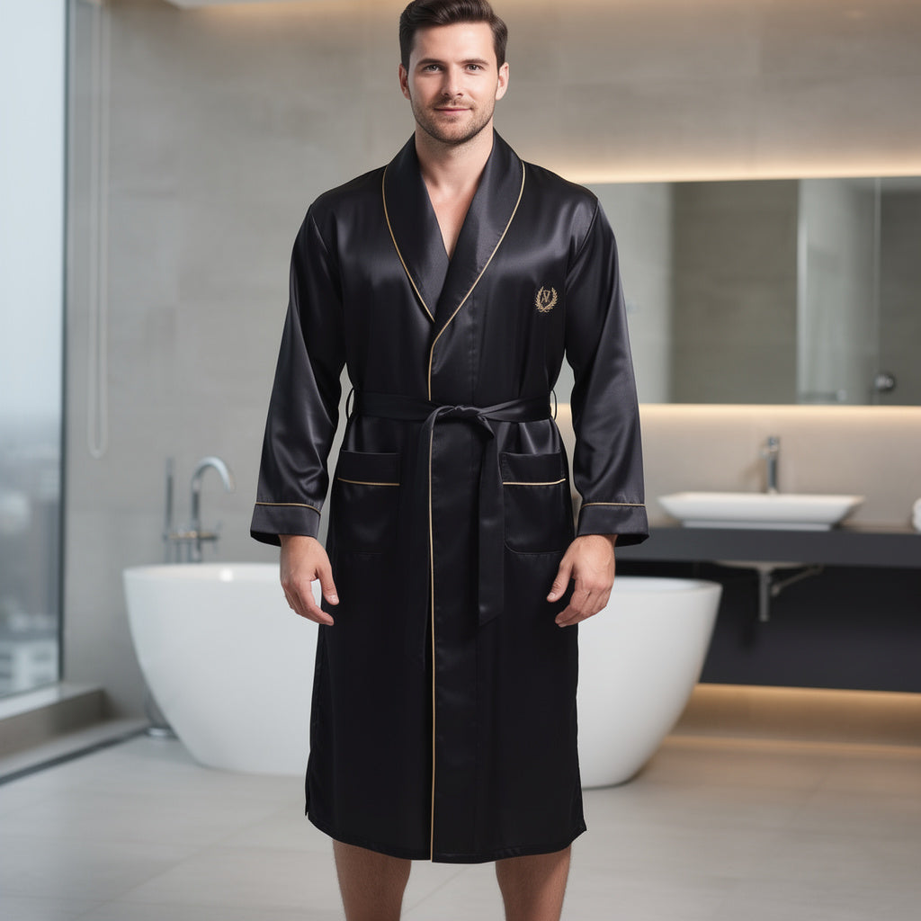 Peignoir | Satin Homme Noir  Élégant
