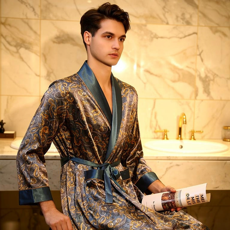 Peignoir Homme Doré et Bleu | Satin