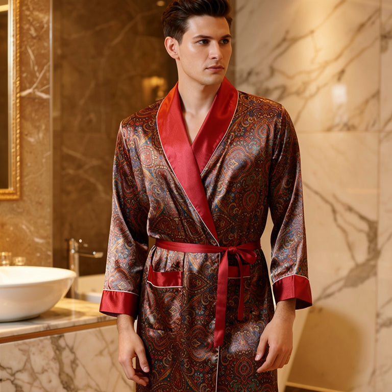 Peignoir Homme en Satin Rouge | Motifs