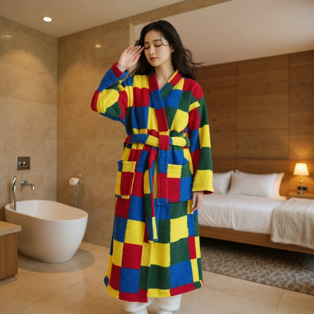 Robe de chambre polaire femme multicolore à carreaux