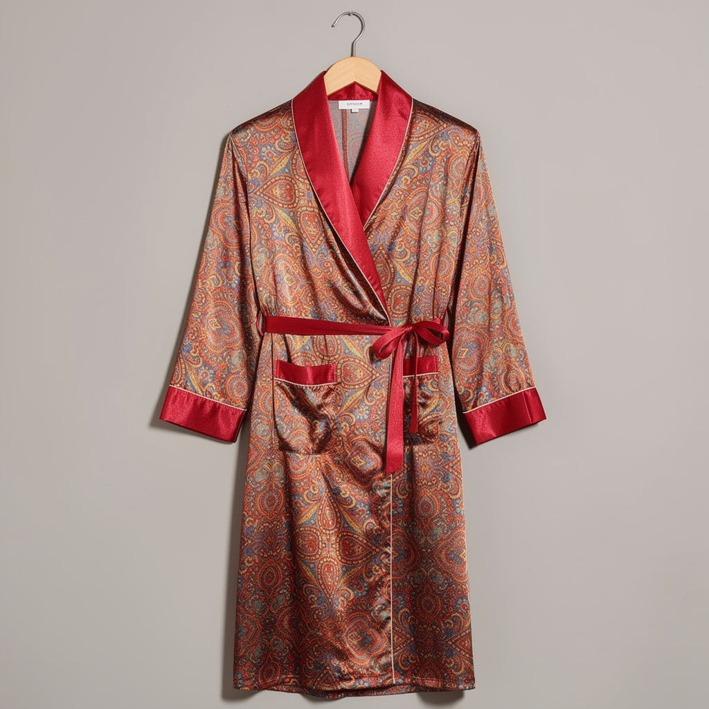 Peignoir Homme en Satin Rouge | Motifs