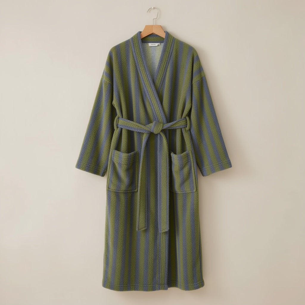 Robe de chambre femme en polaire rayée bleu et olive