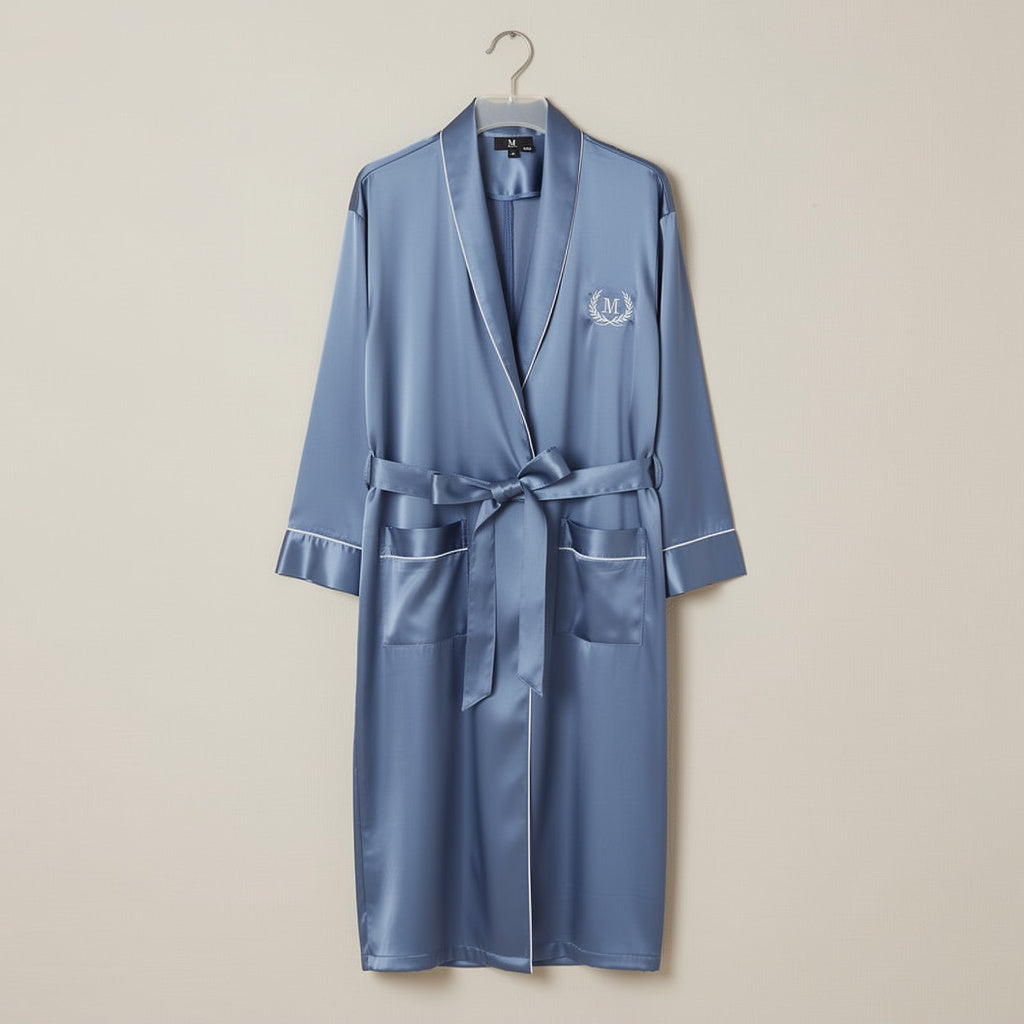 Peignoir Homme Satin Bleu Acier | Longue