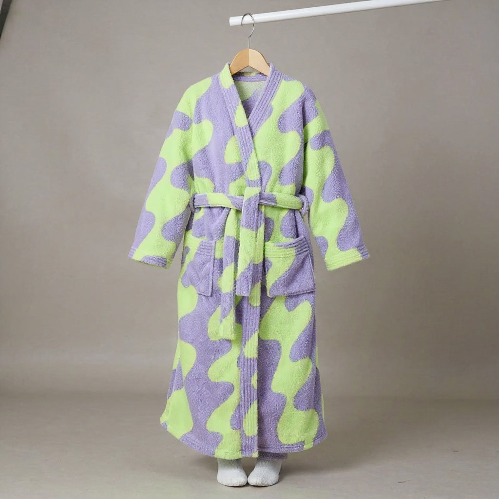 Peignoir femme polaire vert et lavande abstrait