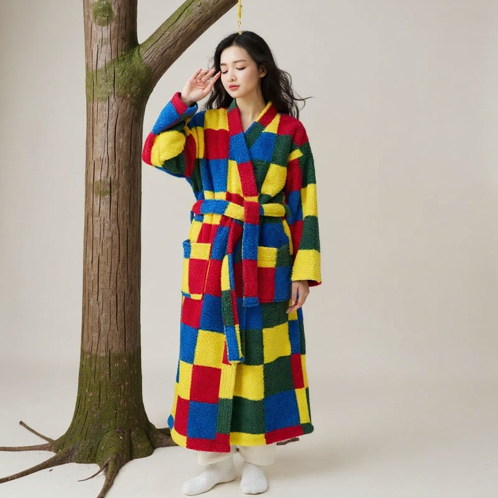 Robe de chambre polaire femme multicolore à carreaux