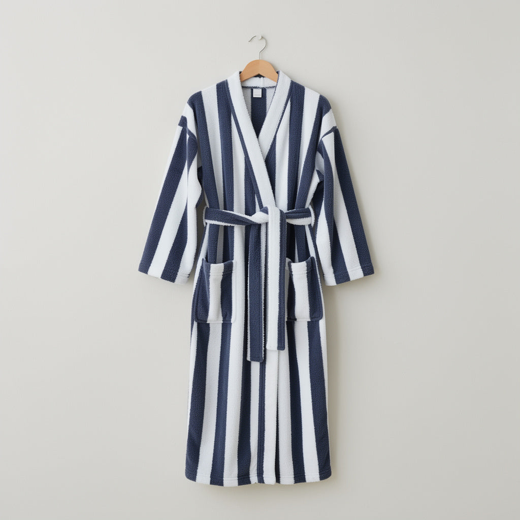 Robe de chambre polaire femme rayé bleu marine et blanc