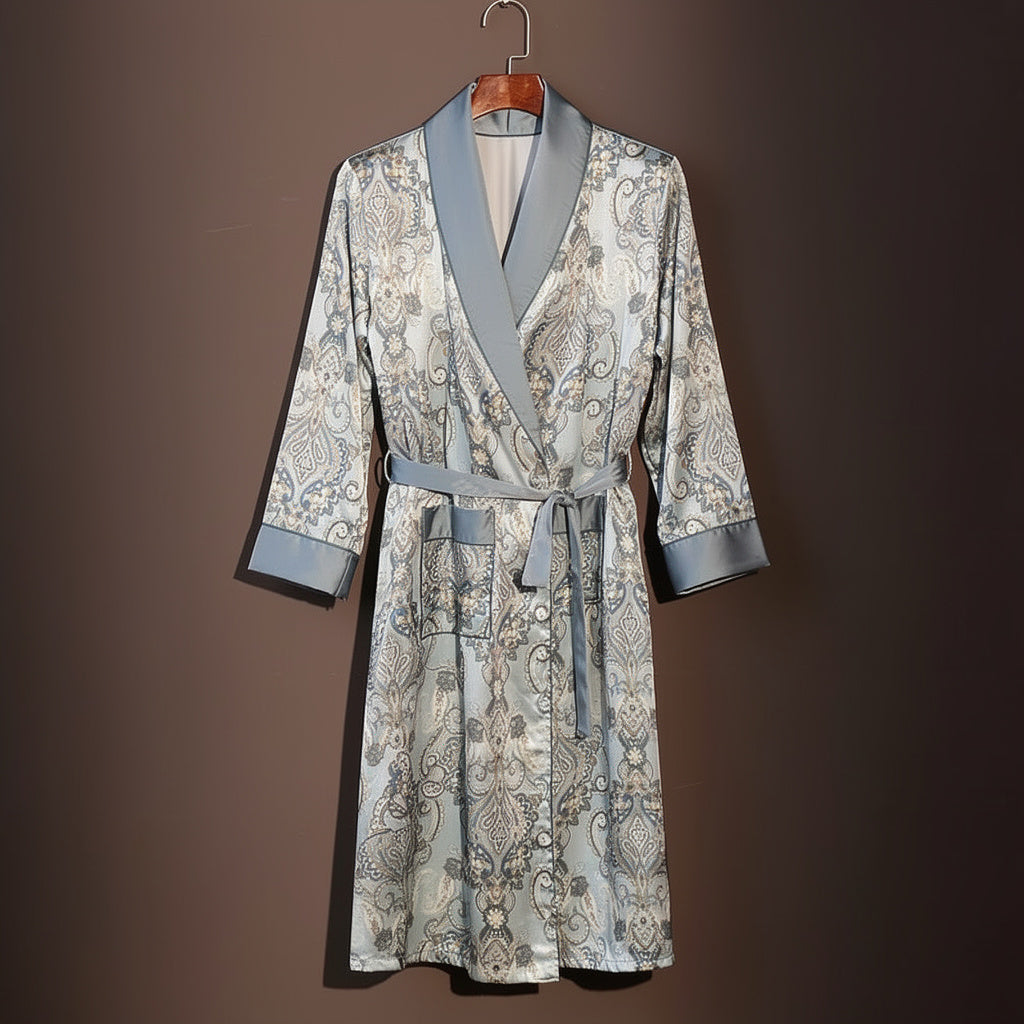Peignoir Homme Satin Bleu Motifs | Cachemire