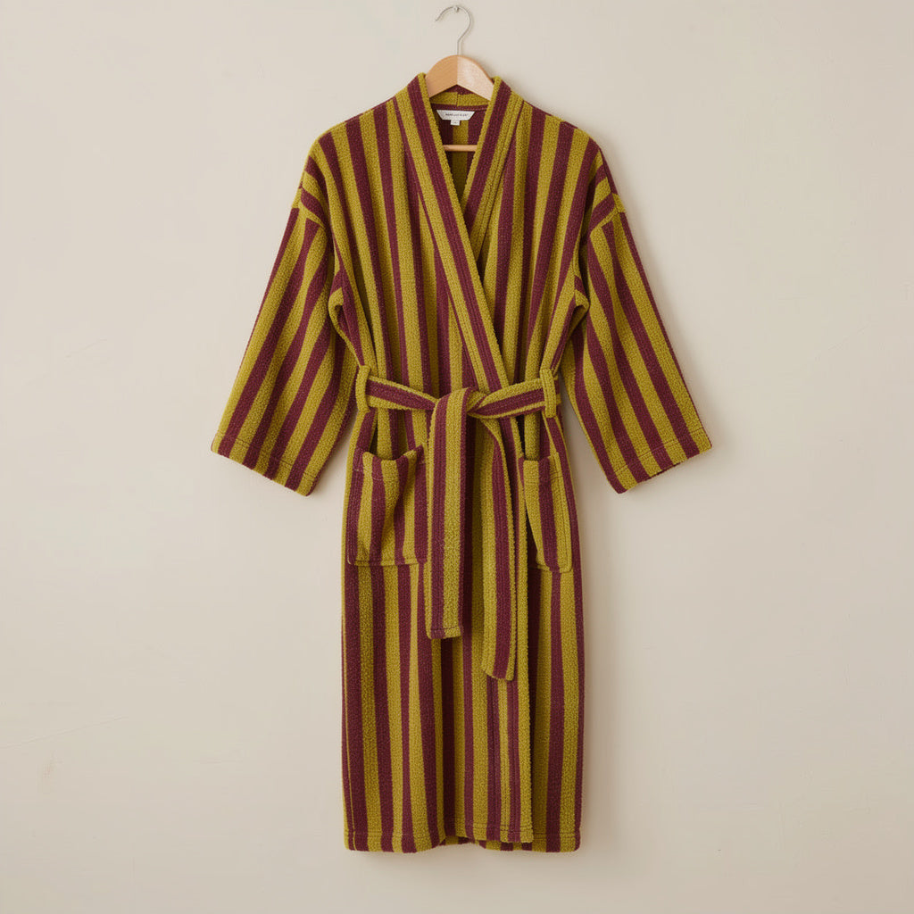 Robe de chambre femme polaire rayée vert olive et prune