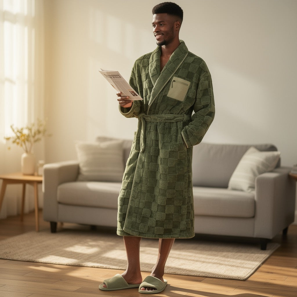 Peignoir homme polaire carreaux kaki