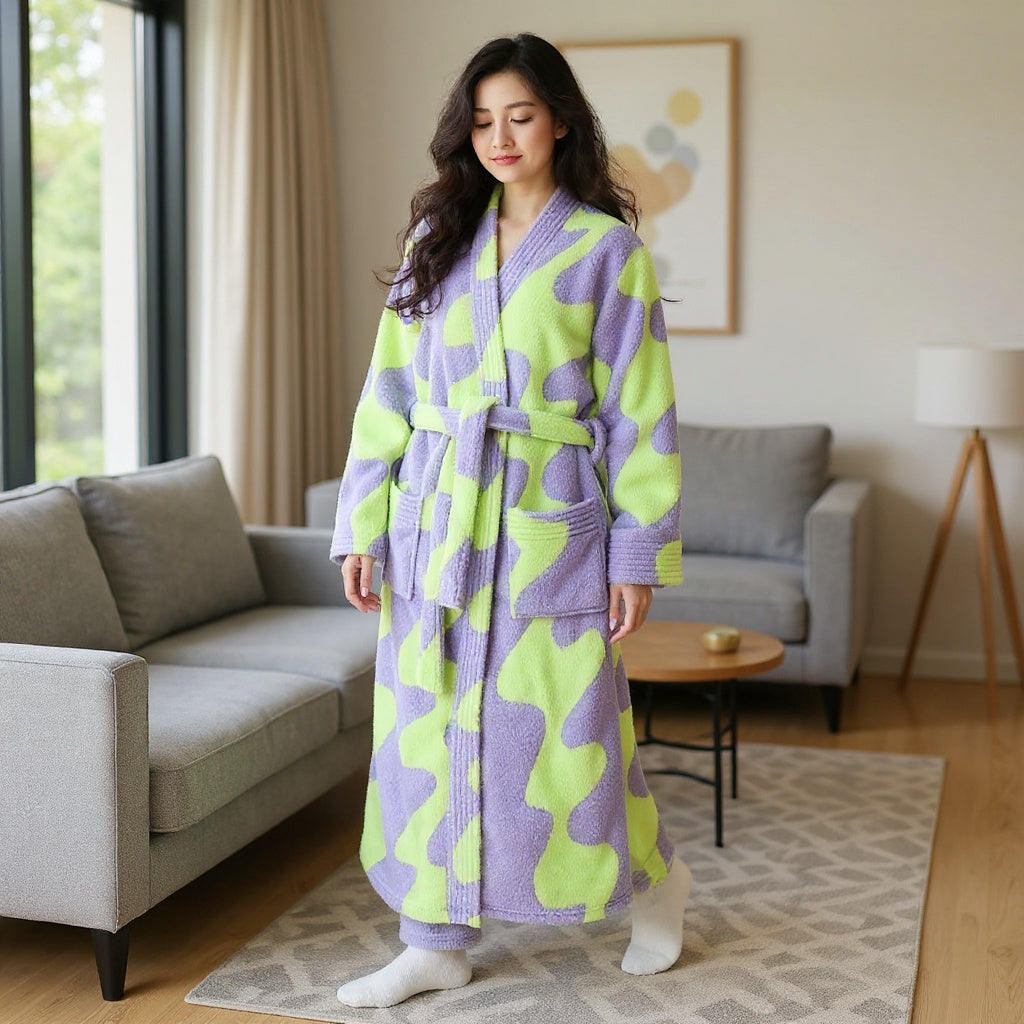 Peignoir femme polaire vert et lavande abstrait